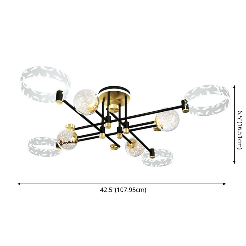 Ring and Ball Acrylic Ceiling Fixture Minimalist Black-Gold LED Semi Flush Mount Light for Living Room