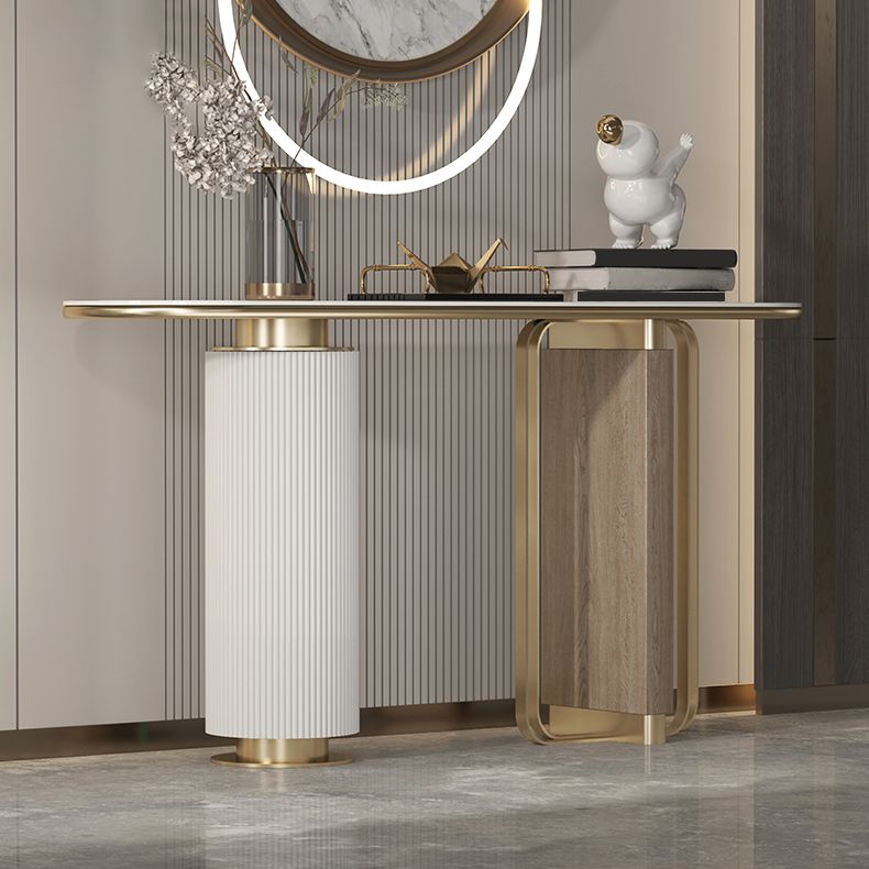 14 inch Wide Glam Accent Table Oval Stone Console Table for Hall