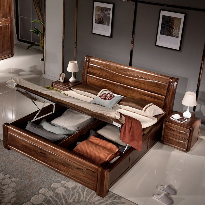 Solid Wood Walnut Standard Bed Lift Up Storage Bed Frame with Headboard