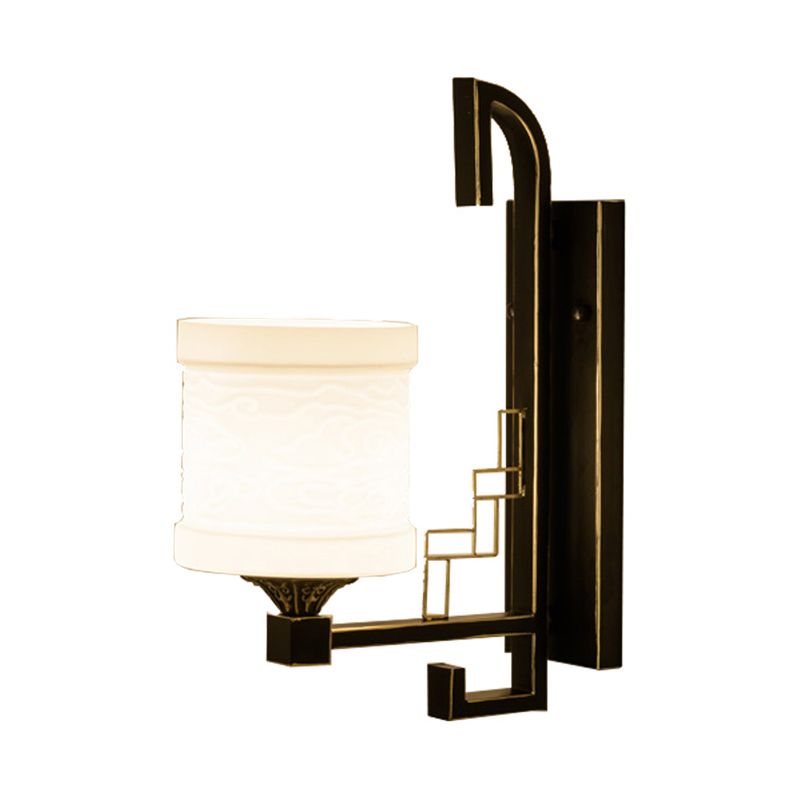 Black 1 Light Wall Mounted Light Traditional Metal Cylinder Sconce for Corridor with Fabric Shade