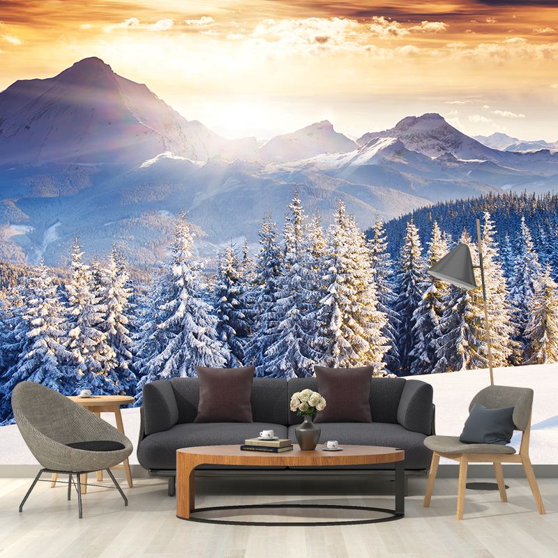 Custom Photography Modern Mural with Sunset at Snowy Pine Forest Pattern in Blue-Brown