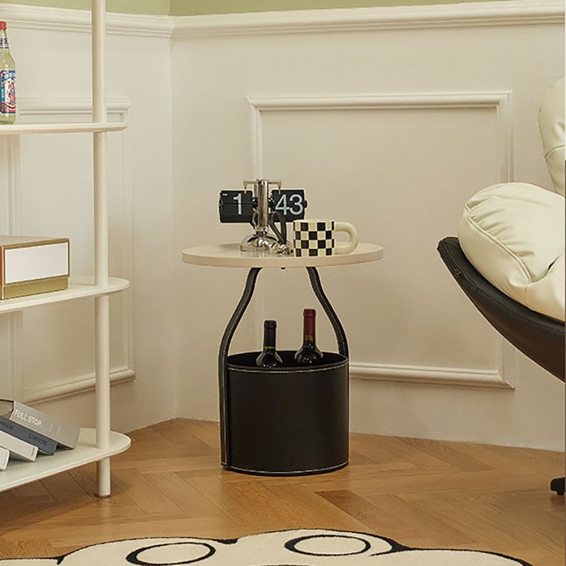 Contemporary Round Side End Table Leather Pedestal End Table