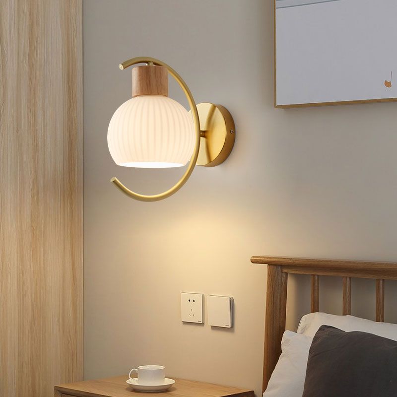 Nordic Wooden Wall Light Fixture Simple Glass Shade Wall Light Sconce for Bedroom