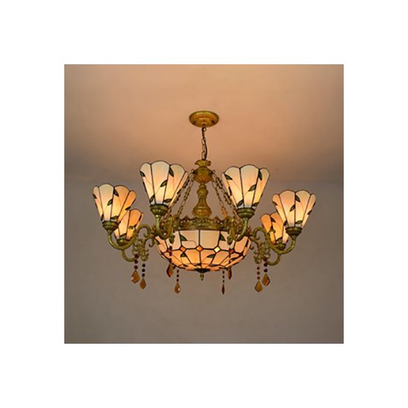 9 Lights Hanging Light Industrial Vintage Stained Glass Chandelier with Leaf Pattern in Beige