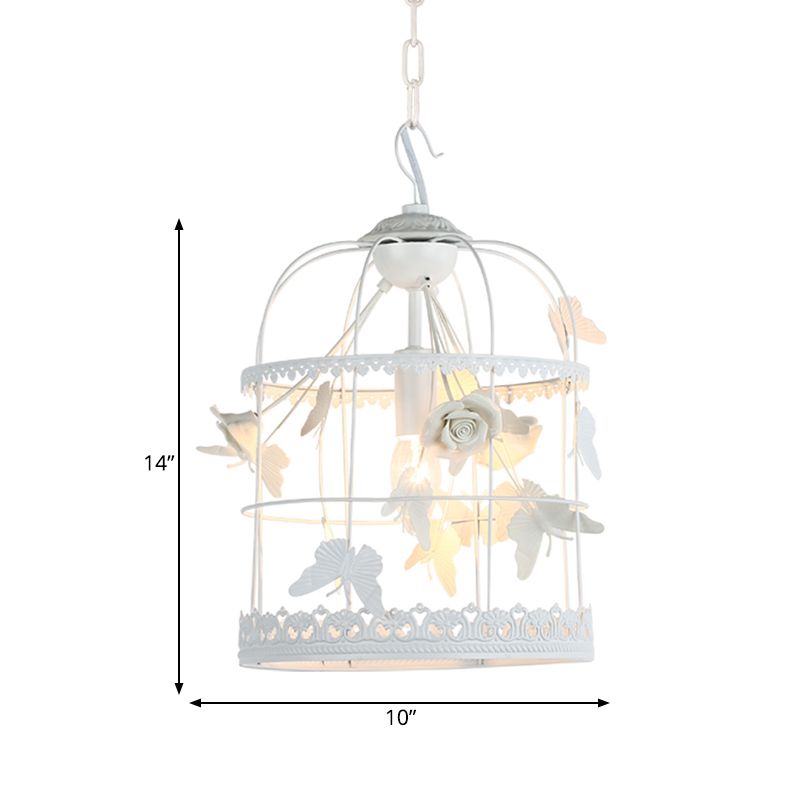 White Bird Cage Hanging Ceiling Light Traditional Metal 1 Light Bedroom Pendant Light