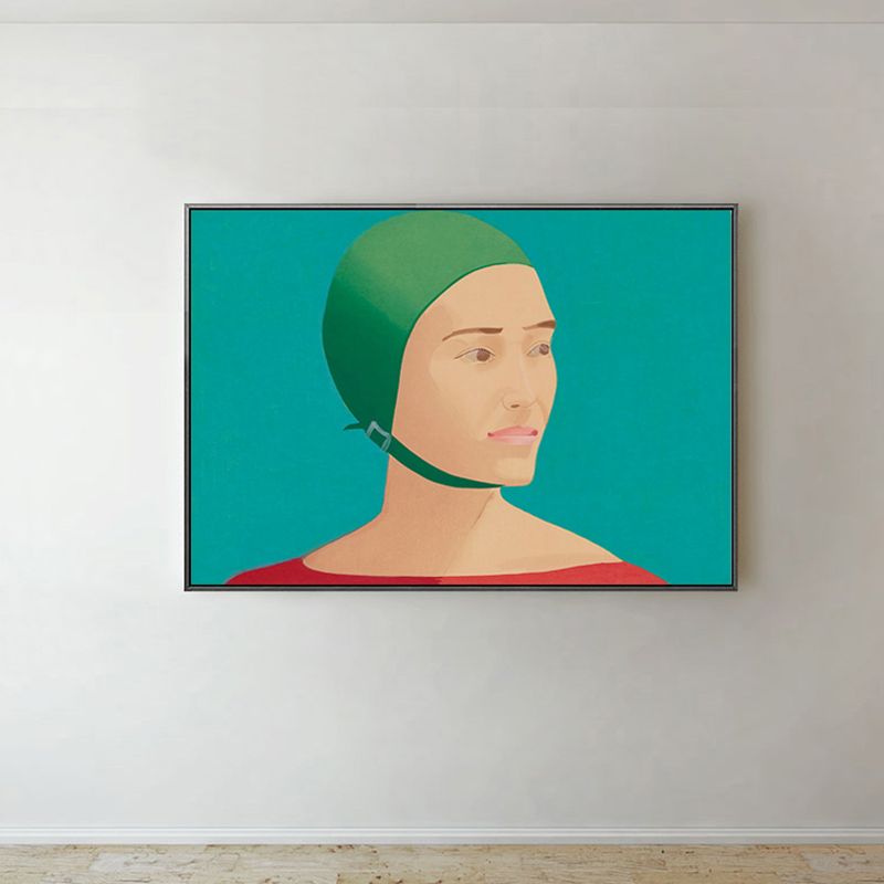 Woman with Helmet Wall Decor Textured Pop Art House Interior Canvas Print in Green