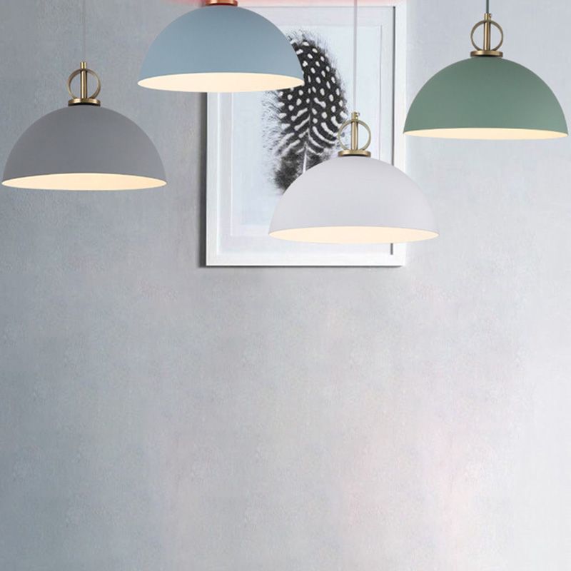Macaron Dome Hanging Pendant Light Metal 1-Bulb Restaurant Pendulum Light with Brass Ring Deco