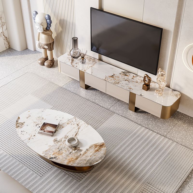 Glam Oval Stone Cocktail Table Single Beige Coffee Cocktail Table