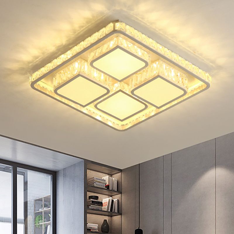 Faceted Crystal Square Ceiling Lighting Contemporary LED White Flush Mount Fixture in Warm/White Light