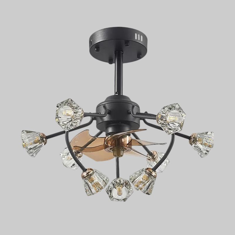 Armoiries courbées traditionnelles suspendues à la lampe à fans 9 têtes Crystal Bell Shade 5 lames semi-luxueuses en noir, 23,5 "de largeur