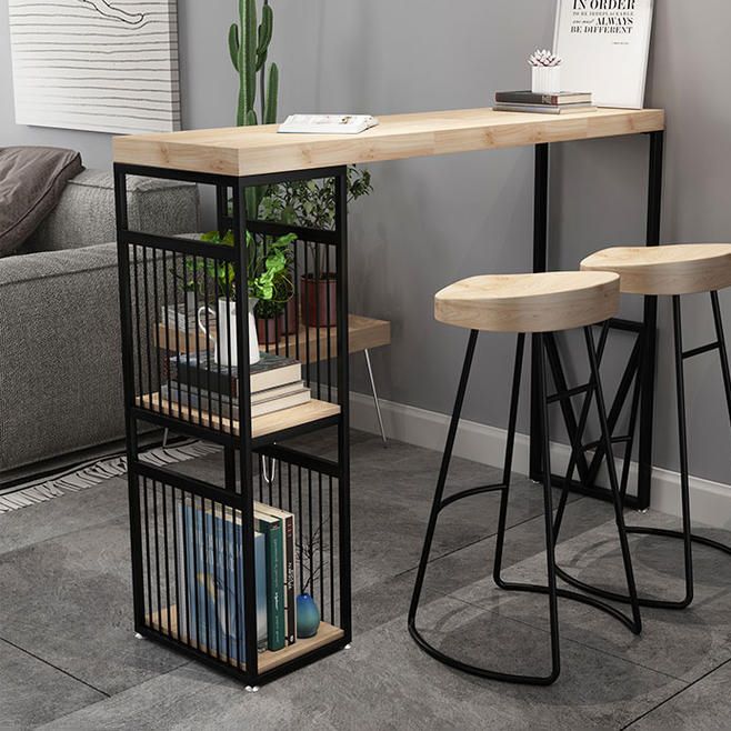 Natural Finish Solid Wood Top Bar Table Contemporary Metal Frame Pub Table