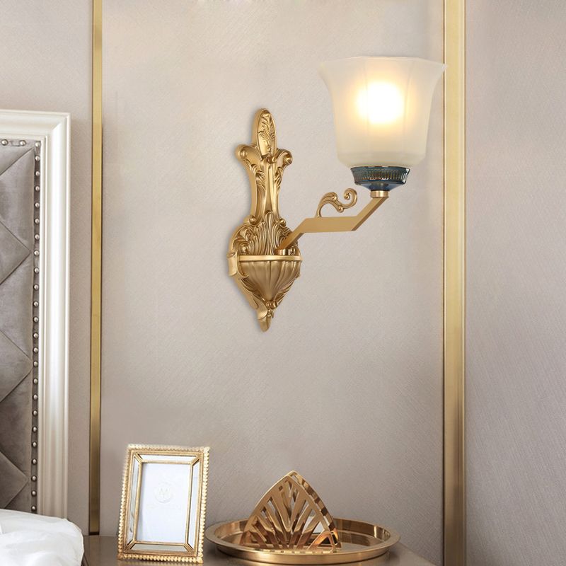 1/2-Light Wall Mounted Light with Flared Shade Opal Glass Vintage Stylish Bedside Wall Light Fixture in Brass