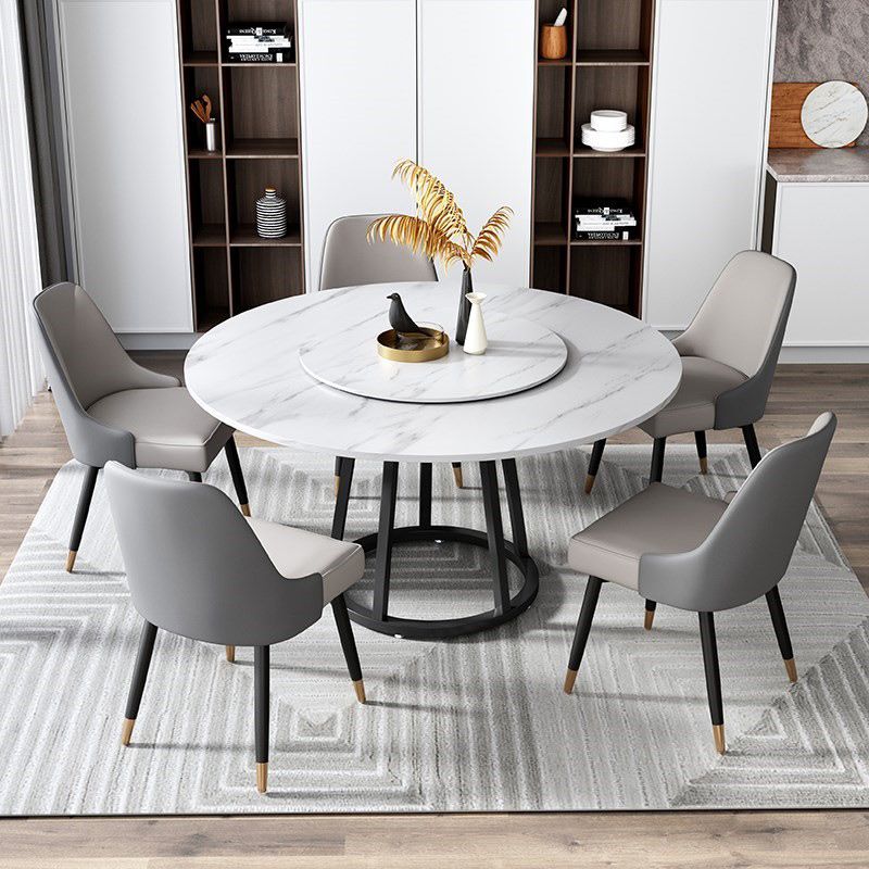Round Black Iron Base Dining Table Modern Stone Pedestal Table