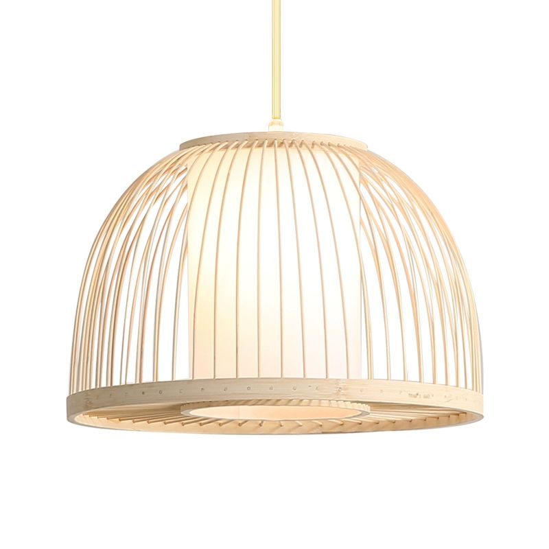 Dome colgante de luz modernismo bambú 1 bombilla de 14 "/16" de ancho lámpara de techo de madera de ancho con sombra de tela interna