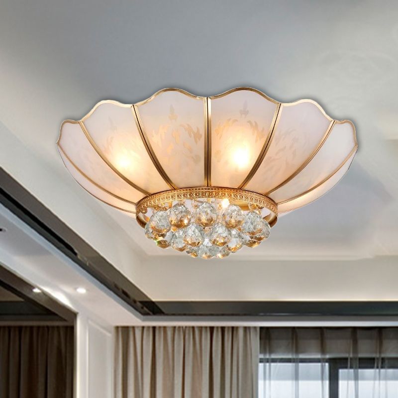 6 Lights Flared Flush Lamp Traditional Gold Beveled Glass Shade Ceiling Light with Crystal Accent