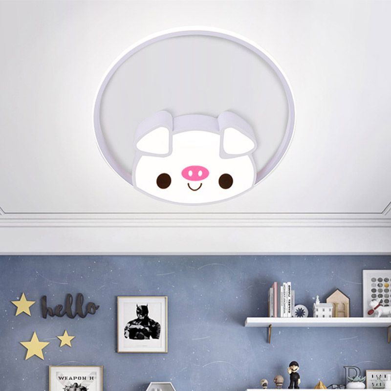 Cartoon Led Flush Mount with Acrylic Shade Pink/White Pig Ceiling Light Fixture for Bedroom