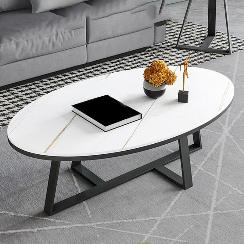 17.7" H Glam Oval Slate Coffee Table Metal Cross Legs Cocktail Table