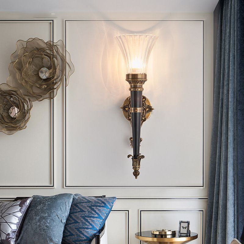 1 Light Wall Lighting Lodge Flared Prismatic Translucent Glass Wall Sconce Lamp in Brass with Pencil Arm