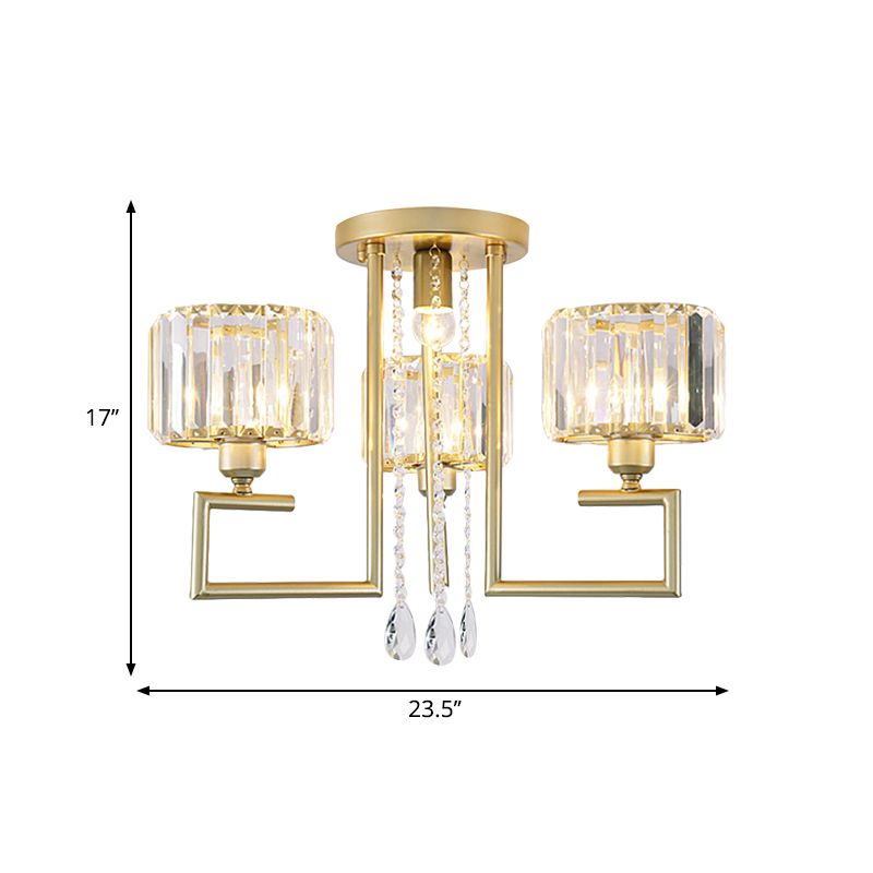Modern 3/6 Lights Flush Mount Chandelier with Clear Crystal Shade Cylinder Ceiling Light Fixture in Gold Finish