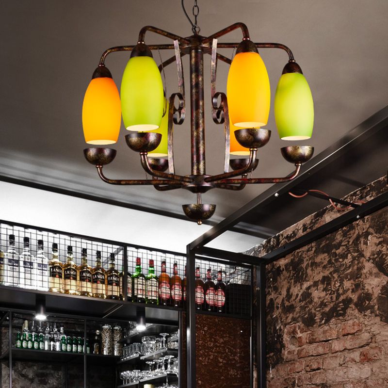 Rust 6 Lights Chandelier Lighting Rural Orange and Green Glass Curved Shade Pendant Lamp for Bar
