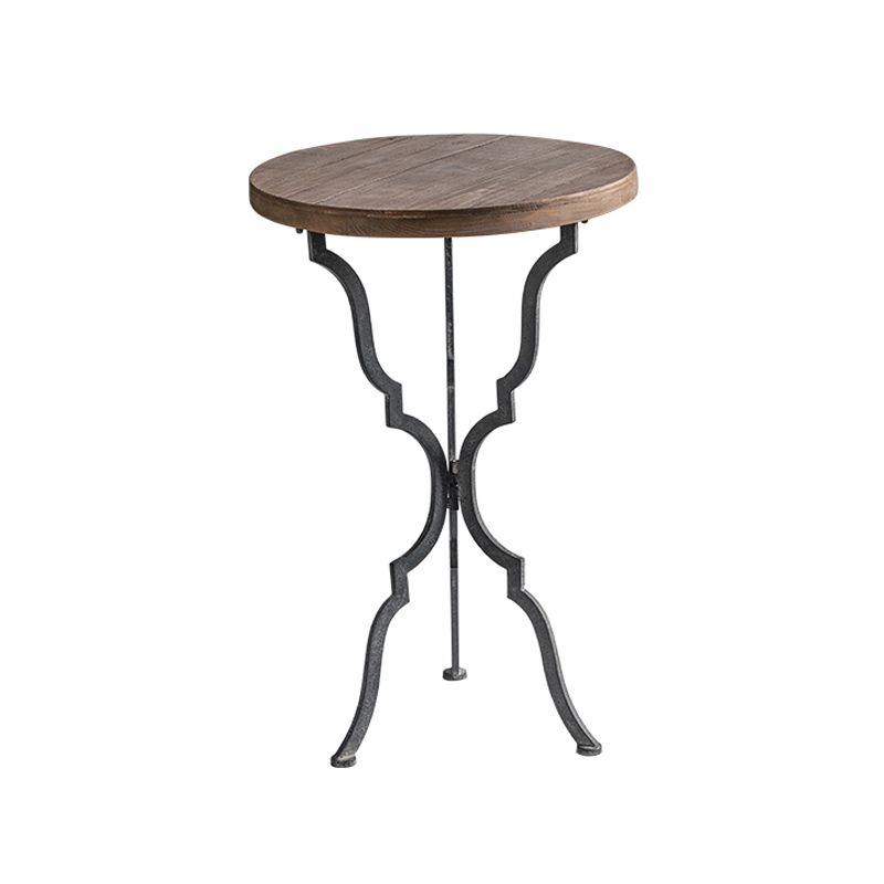 French Country Wood Round Top Side Table Distressed Iron Base End Table