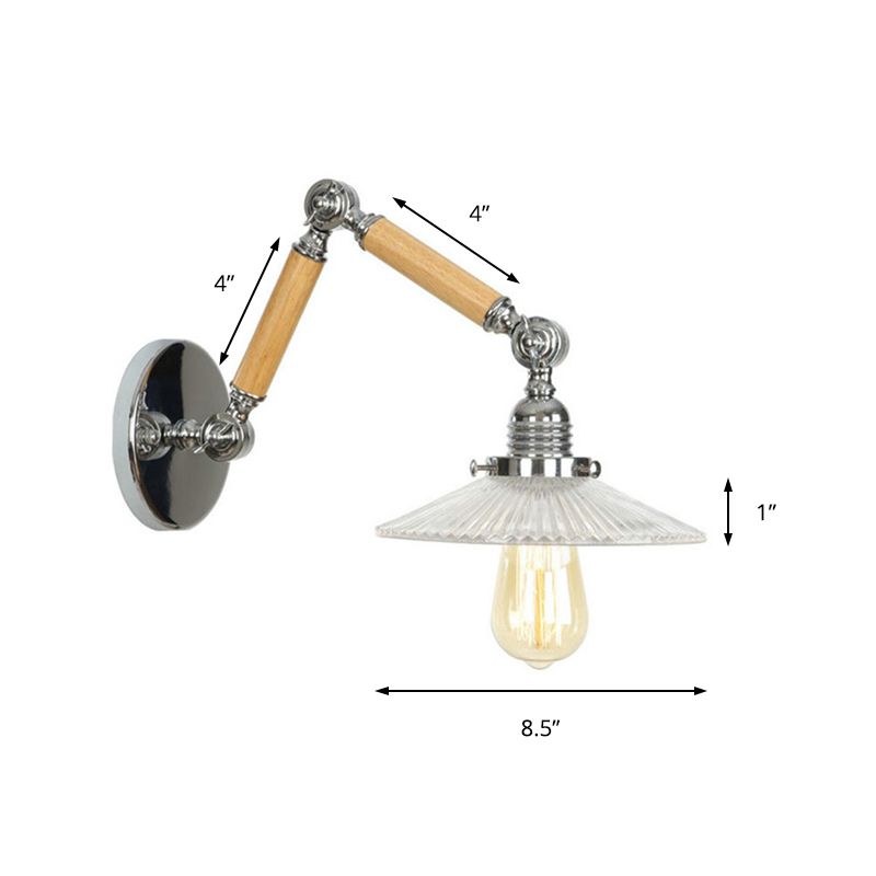 One Bulb Wall Light Saucer Shade Ribbed Glass Vintage Study Room Sconce Lighting Fixture with 8"+8"/6"+6"/8"+4" Extendable Wooden Arm