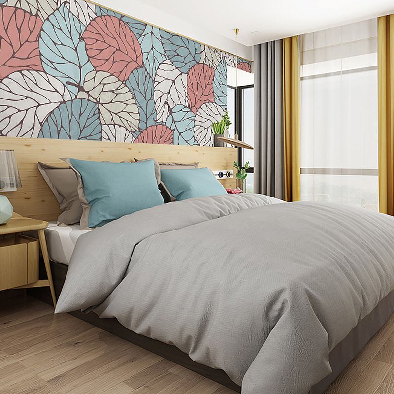 Full Size Mural Wallpaper for Living Room, Summer Leaf in Blue and Red, Stain-Resistant