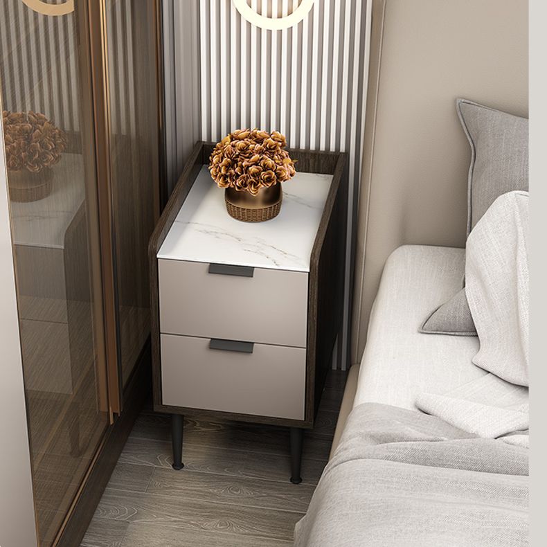 Espresso Wood and Off-White Night Table Modern Stone and Pearl Wood Bedside Cabinet