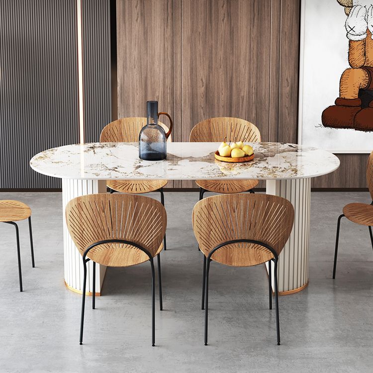 Metal Modern Oval Dining Table Sintered Stone Top Table with Double Pedestal