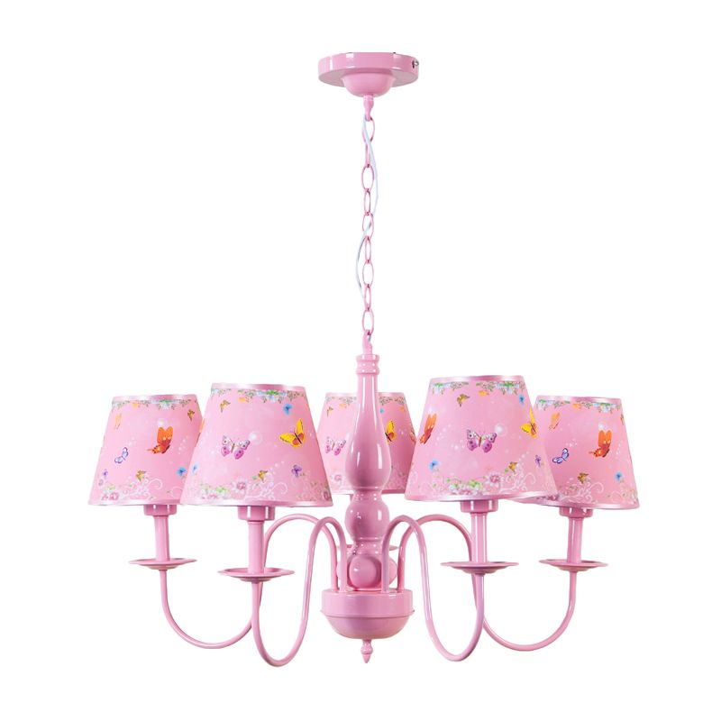 Pink Butterfly Pendant Light 5 Heads Contemporary Metal Chandelier with Fabric Shade for Girls Bedroom
