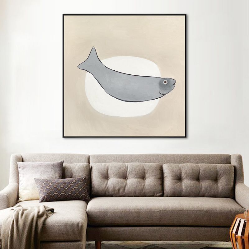 Cartoon Square Wall Art Decor Grey Fish and Elliptical Canvas Print for Dining Room
