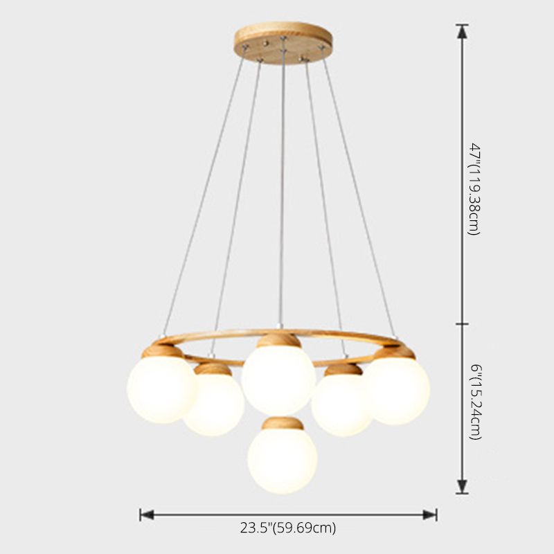 Wooden Circle Chandelier Nordic Style Hanging Light with Ball White Glass Shade