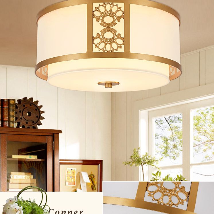 Brass Relief Design American Rustic Ceiling Light Drum Shaped Acrylic Shade Living Room Lighting Fixture