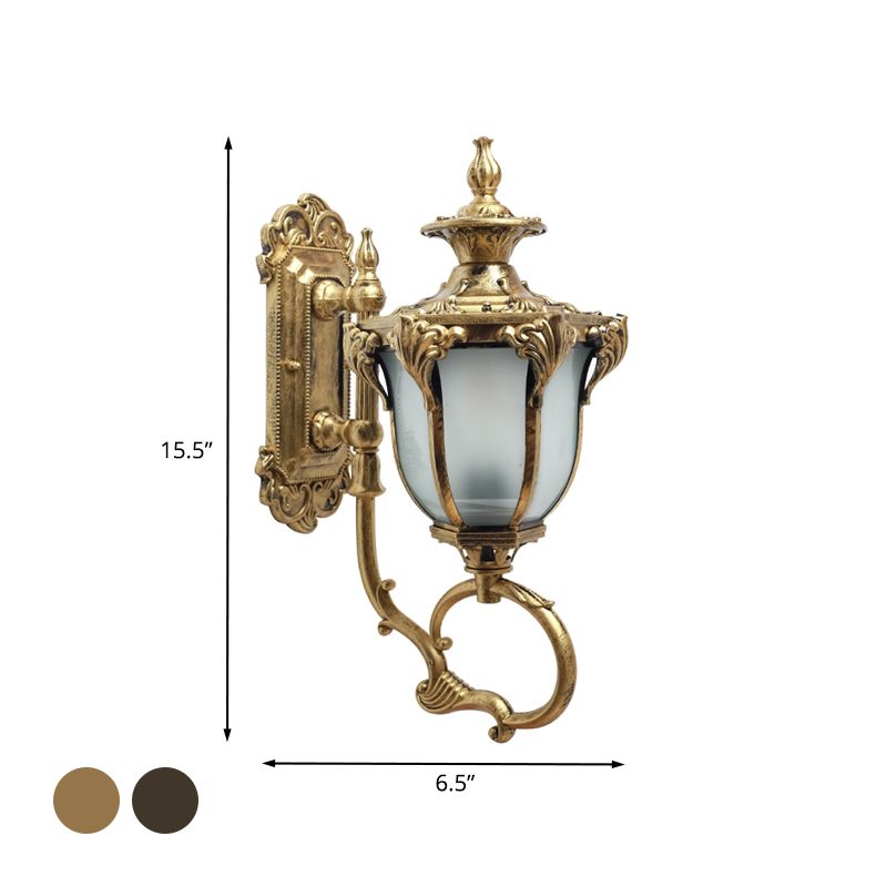 Scrolling Am Metal Wall Lamp Rustic 1 Bulb Outdoor Sconce with Opal Glass Shade in Brass/Coffee