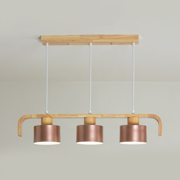Rose Gold/Multicolored Drum Island Lighting 3/4 Head Post Modern Wood Hanging Chandelier over Dining Table