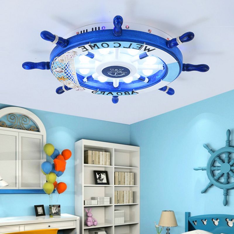 Pirate Ship Rudder Kids Bedroom Ceiling Lamp Wood Mediterranean LED Flush Mount Lighting