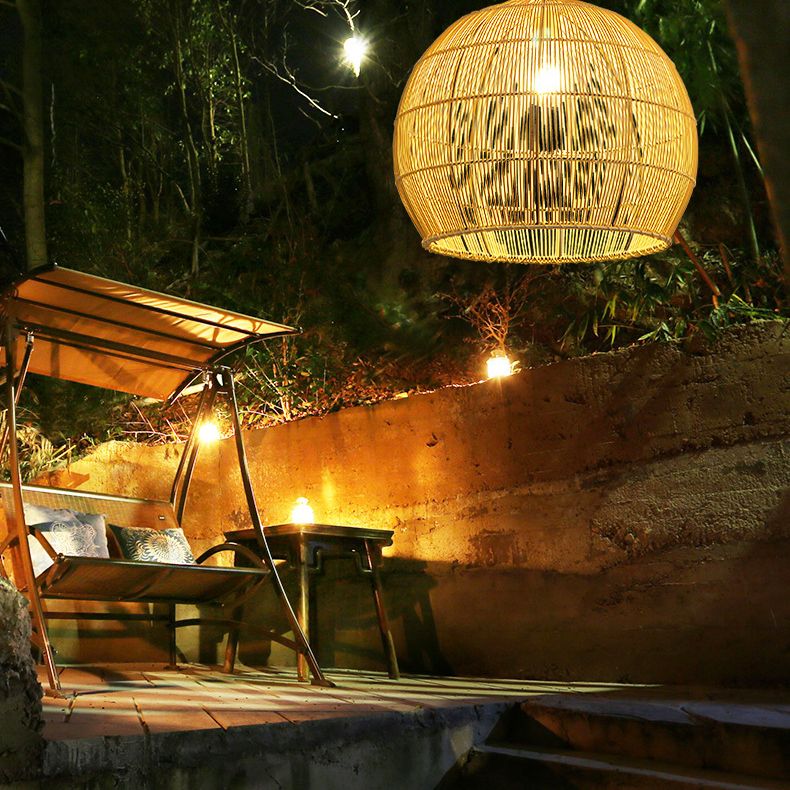 Beige Asia Pendulum Light Dome Rattan 1-Light Hanging Ceiling Light for Dining Room