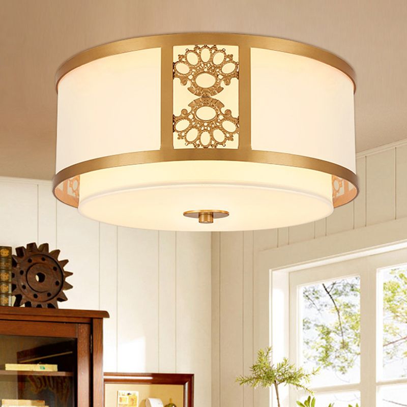 Brass Relief Design American Rustic Ceiling Light Drum Shaped Acrylic Shade Living Room Lighting Fixture