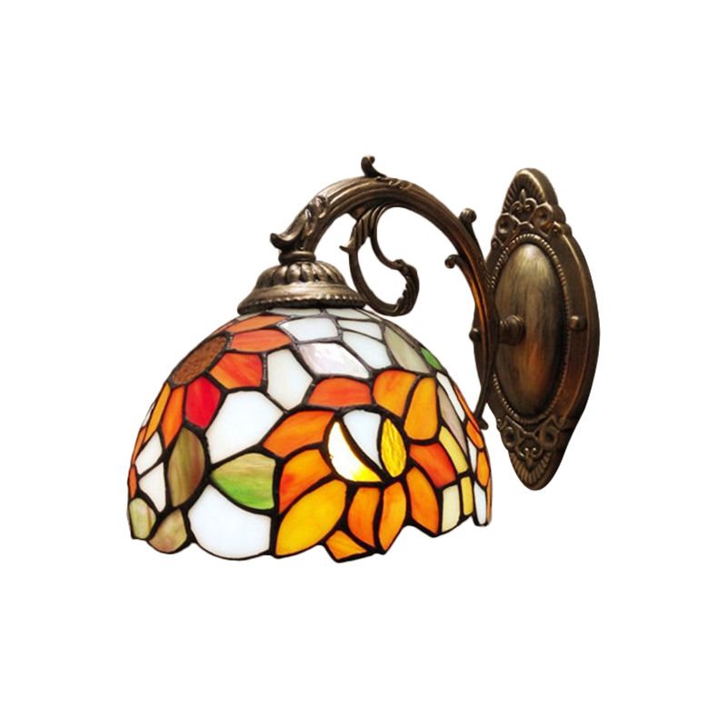 1-Light Sconce Light Fixture Baroque Dome Stained Glass Sunflower Patterned Wall Lighting Ideas in Orange