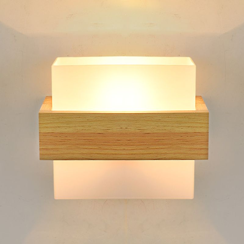 Log Color Rectangular Wall Lamp in Modern Simplicity Wooden Indoor Wall Light with Glass Shade