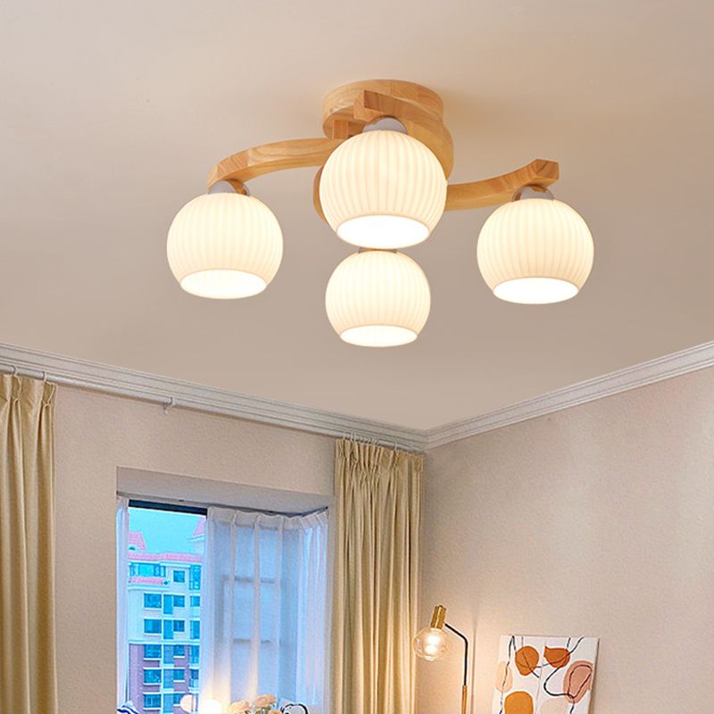 Modern Style Ceiling Mount Light Wooden Spherical with Glass Shade for Bedroom