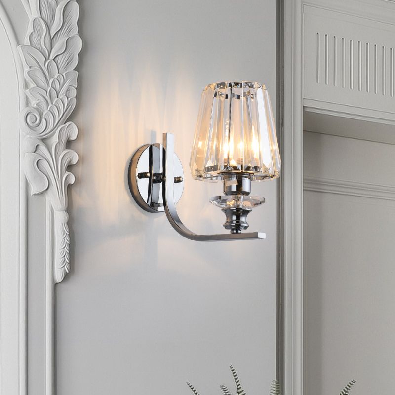 1 Bulb Wall Mount Lamp Modern Living Room Sconce Light with Cone/Cylinder Crystal Shade in Chrome