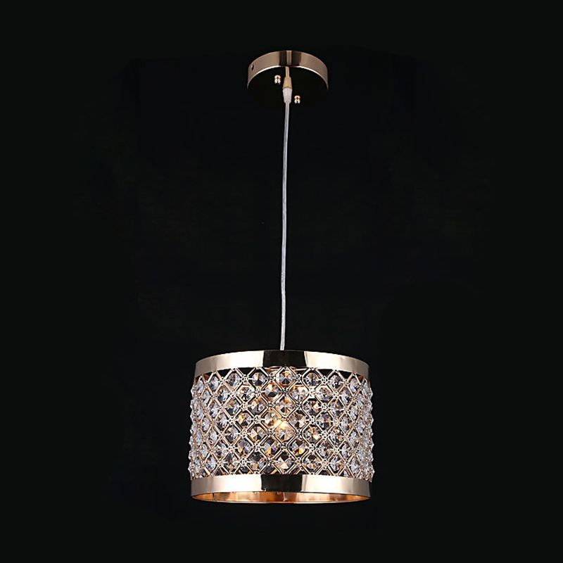 Metal Cylindrical Pendant Lamp Modern Style 1-Light Hanging Light with Crystal Beads