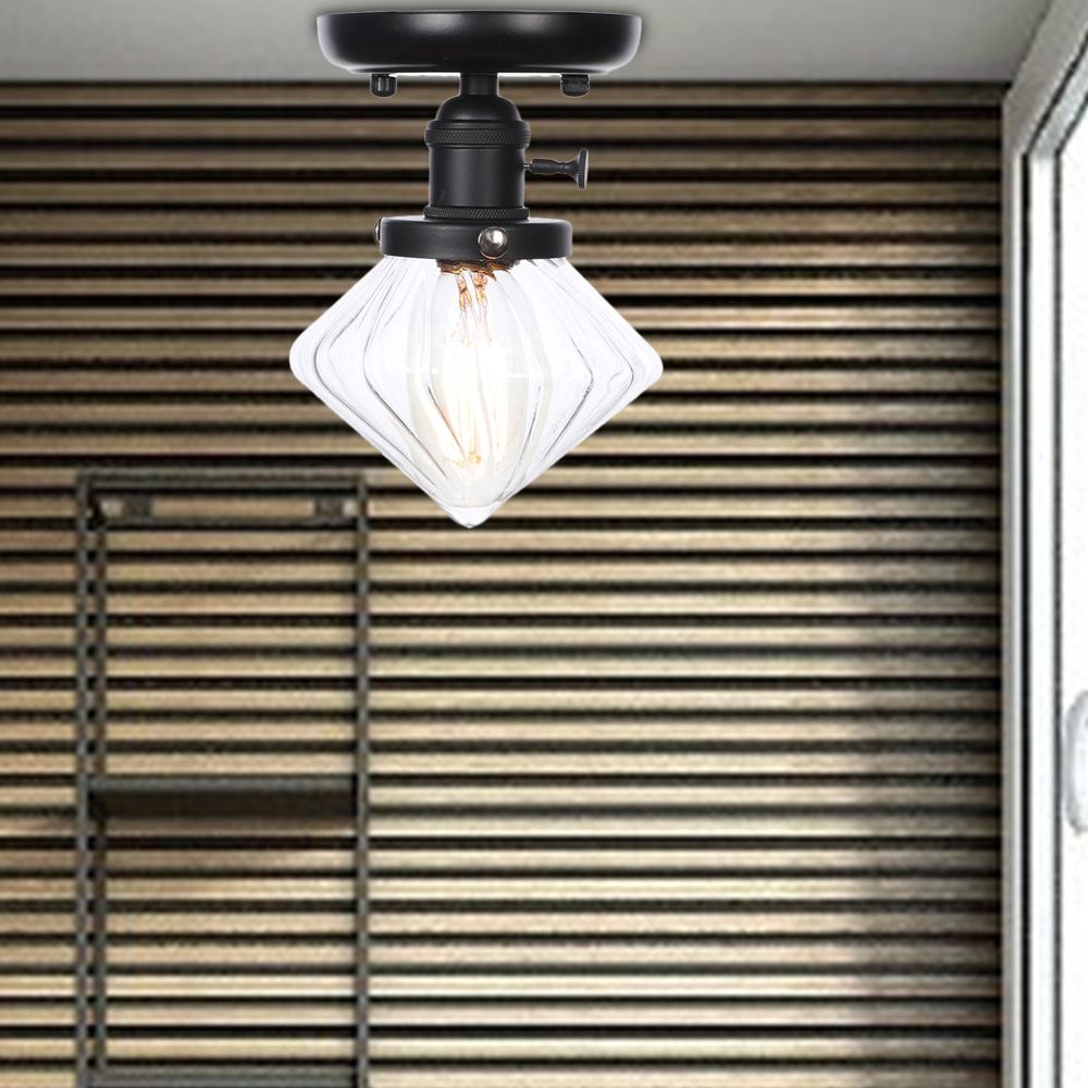 1 Bulb Semi Flush Mount Clear/Amber Glass Industrial Cone/Rhombus/Bell Ceiling Light for Kitchen