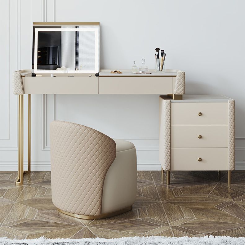 Glam Style Beige Rock Slate Vanity with 5 Drawers Metal Base