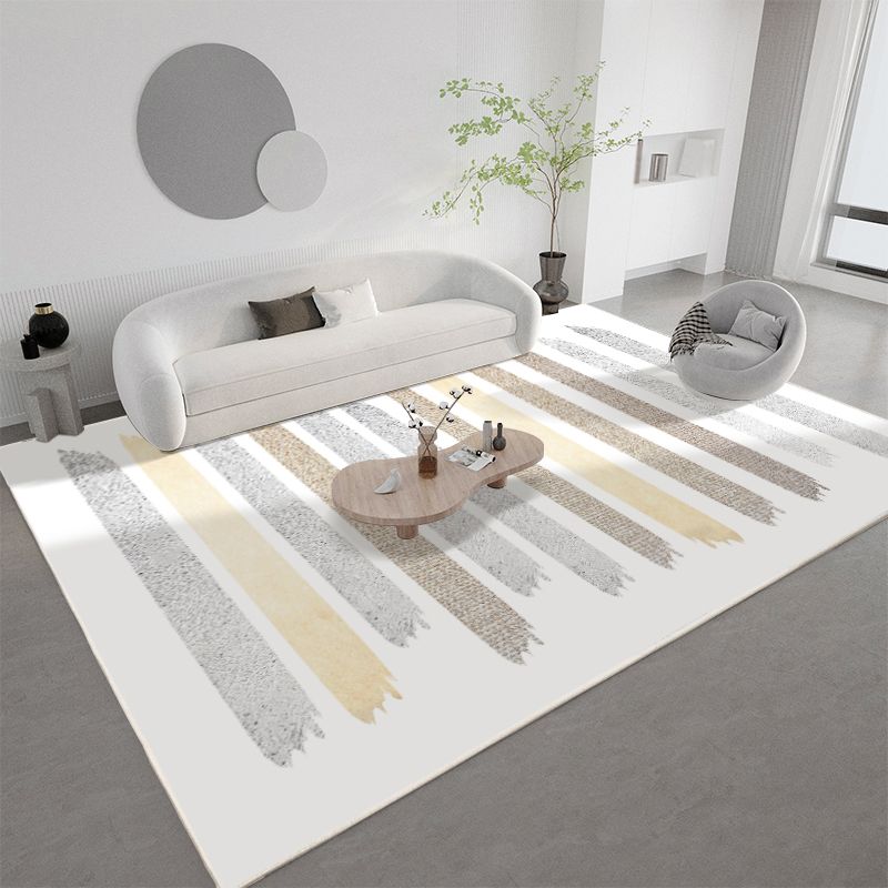 White Modern Area Carpet Stripe Pattern Polyester Area Rug Non-Slip Backing Rug for Home Decor