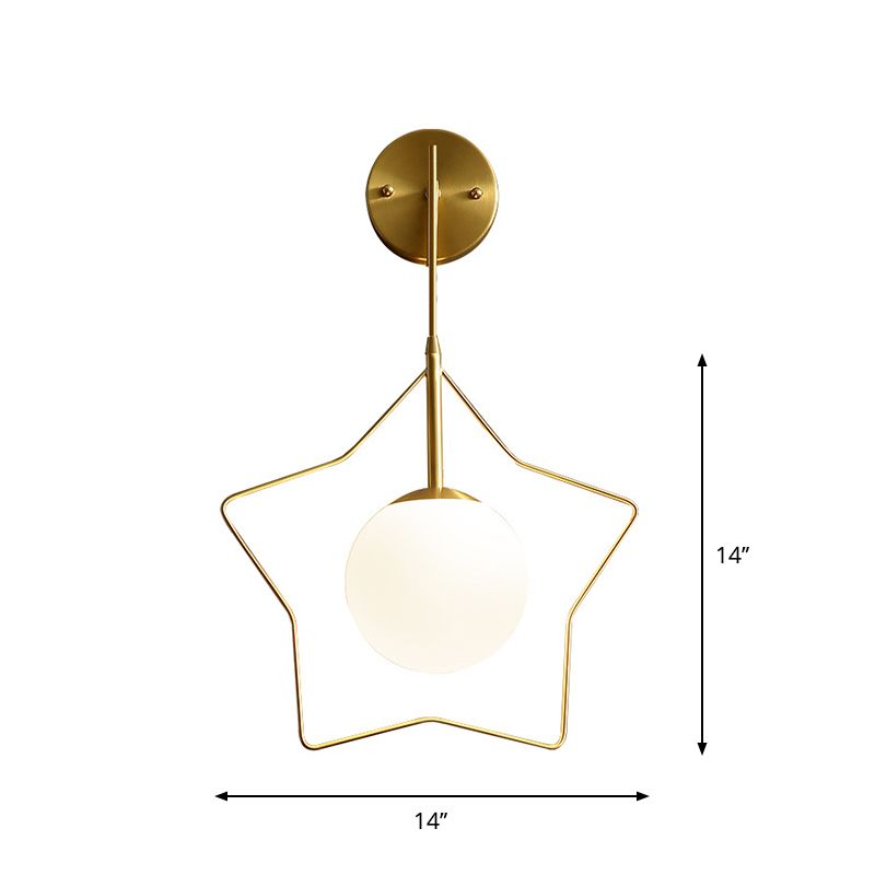 Metallic Star Wall Mounted Light Minimalist 1 Bulb Gold Wall Lighting Fixture with Ball White Glass Shade