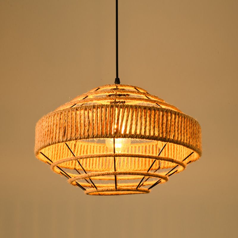 1 Head Drop Lamp Industrial Dining Room Pendant Lighting with Geometry Rope Shade in Beige