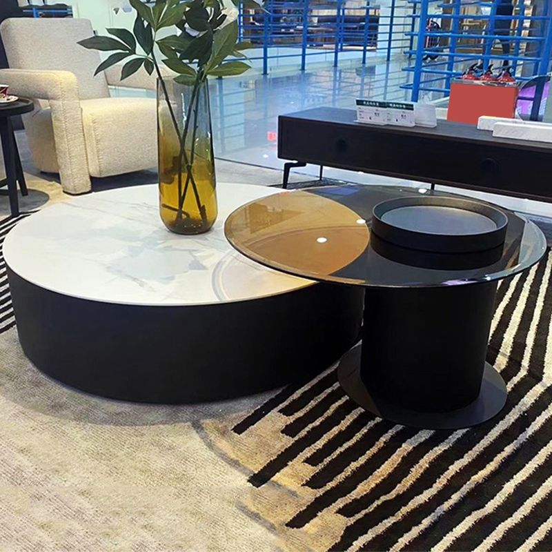 Round Nesting Coffee Table Pedestal Stone Cocktail Table with Drawer