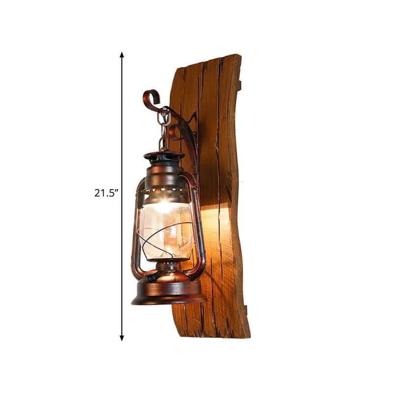 Brown Kerosene Lamp Wall Sconce Antique Clear Glass 1-Head Lodge Wall Light with Wood Backplate
